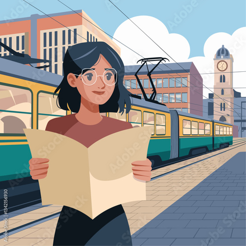 A young woman stands at a city tram station, holding a map and smiling, with urban buildings and a clock tower in the background.