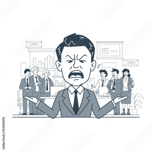 A humorous depiction of a frustrated manager expressing discontent amidst a group of confused colleagues in a corporate environment.