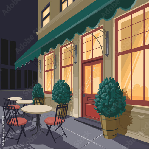 A cozy cafe exterior at night, featuring warmly lit windows, inviting outdoor tables, and lush greenery, perfect for evening gatherings.