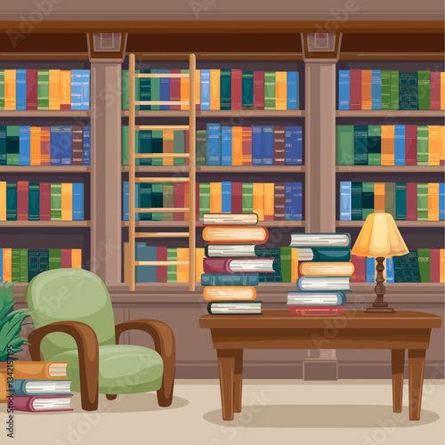 A beautifully illustrated cozy home library featuring colorful bookshelves, a reading chair, a table stacked with books, and a warm lamp, perfect for inspiring reading and relaxation.