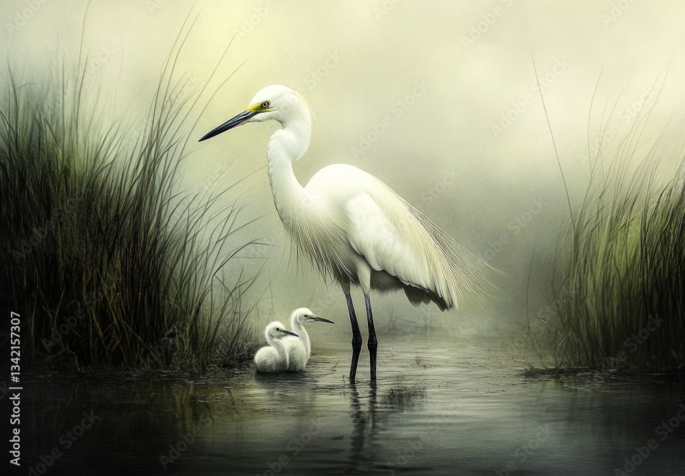 Fototapeta premium Misty marsh egret parents with young