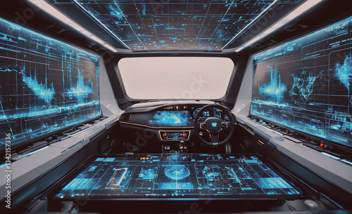 Futuristic car with a dashboard that is filled with screens and buttons. The car is in a showroom and the screens are displaying various information about the car's features and capabilities. Scene is