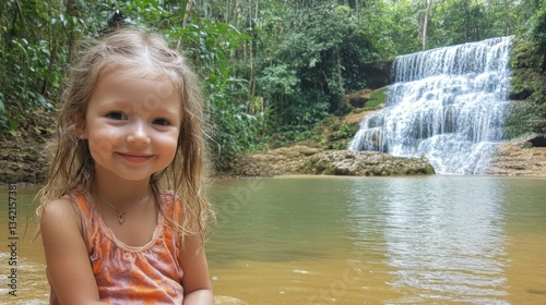 Smiling Girl at Tropical Waterfall