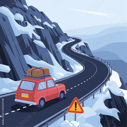 Explore a winding road surrounded by snow-covered mountains. A vintage car with a roof rack embarks on an adventure, perfect for travel and outdoor themes.