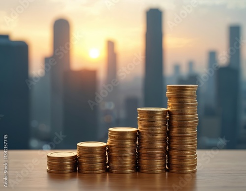 Stacks of golden coins on table symbolize financial growth, investment returns. Blurred cityscape and sunset background. Shows capital expenditure management, asset efficiency and financial planning.