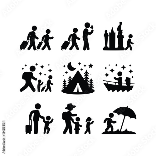 Vacation Travel Thin Line Icons - Editable Stroke Summer characters. Family couple travellers with kids going to vacation at beach sea or ocean People traveling set 
