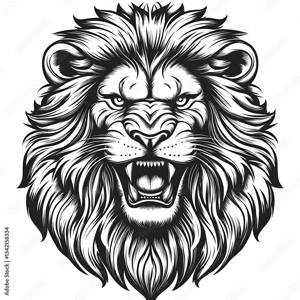 Fototapeta premium A detailed black and white illustration of a roaring lion head