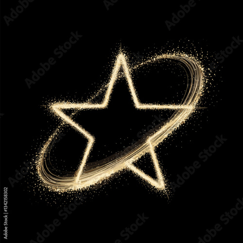 A stunning golden star outlined with sparkling particles, surrounded by swirling light trails, creating a magical cosmic feel.