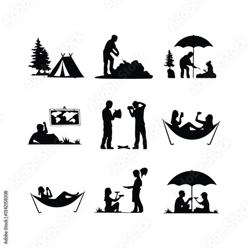 Vacation Travel Thin Line Icons - Editable Stroke Summer characters. Family couple travellers with kids going to vacation at beach sea or ocean People traveling set 
