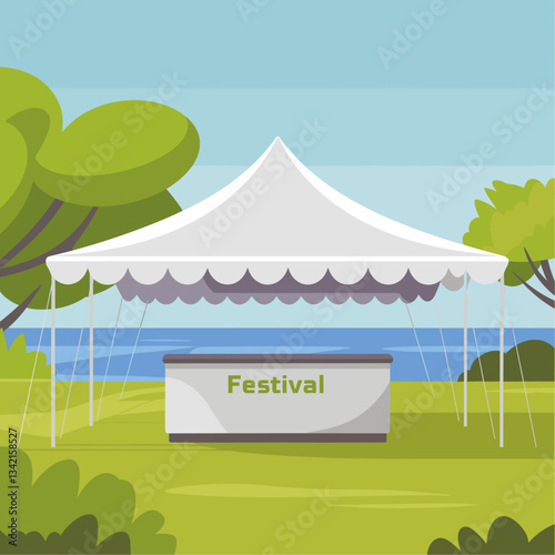 Bright and inviting outdoor festival tent set against a serene landscape. Perfect for events, celebrations, and community gatherings.