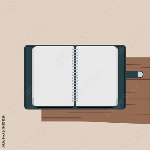An open spiral notebook with blank pages resting on a wooden surface, perfect for showcasing creativity, planning, or note-taking ideas.