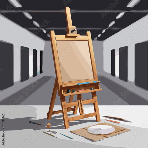 A modern art studio scene featuring an empty easel and art supplies. Ideal for themes of creativity, inspiration, and artistic expression.