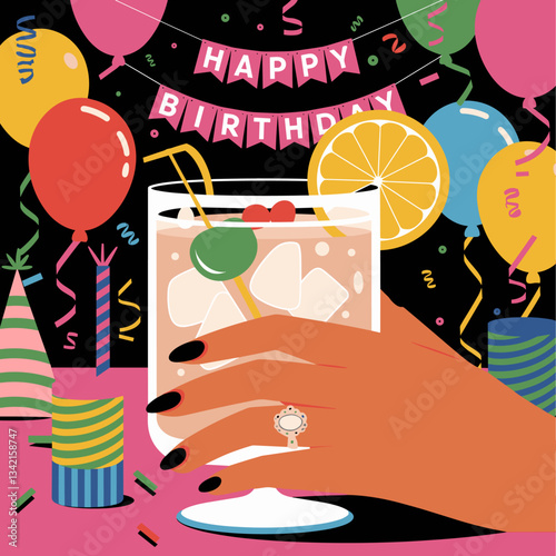 A colorful birthday scene featuring a hand holding a cocktail, surrounded by balloons, confetti, and a festive banner. Perfect for party invitations or celebration themes.