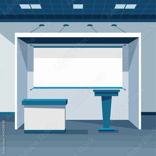 Sleek and minimalistic conference space featuring a podium and a large blank projection screen, ideal for presentations.