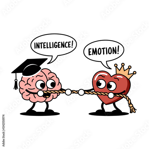 A whimsical cartoon featuring a brain and a heart engaged in a tug-of-war, representing the playful struggle between intelligence and emotion.