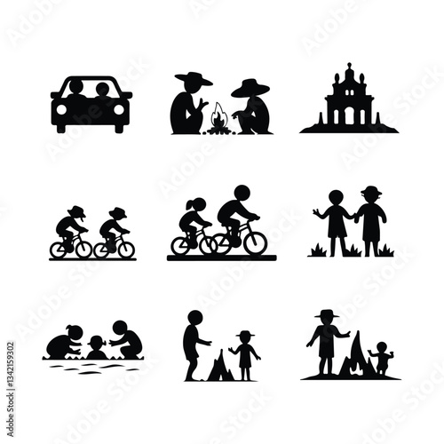 Vacation Travel Thin Line Icons - Editable Stroke Summer characters. Family couple travellers with kids going to vacation at beach sea or ocean People traveling set 