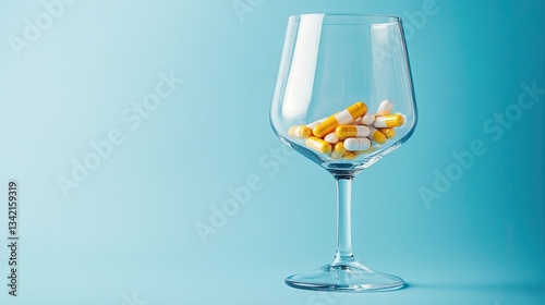 Medical pills in an empty wine glass on blue background