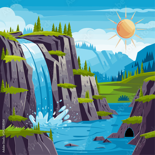 A vibrant illustration of a picturesque mountain scene featuring a cascading waterfall, lush greenery, and a bright sun. Perfect for nature-themed projects.