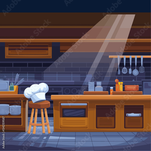 Stylish and inviting kitchen interior featuring wooden cabinets, a chef's hat on a stool, and various cooking utensils. Perfect for culinary-themed projects.