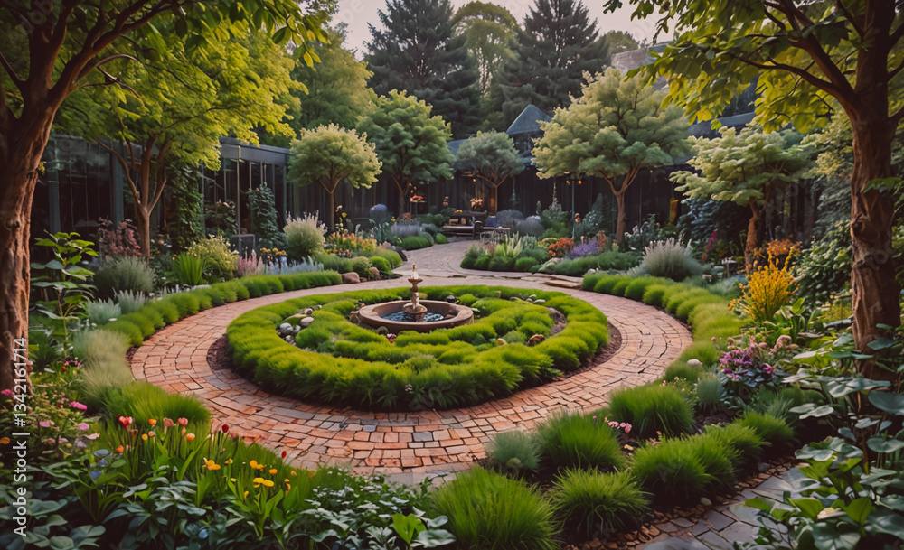 Large garden with a fountain in the center. The fountain is surrounded by a circle of grass and flowers Large garden with a fountain in the center. The fountain is surrounded by a circle of grass and flowers