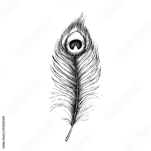 Black and white minimalist peacock feather symbol – perfect for tattoos, logos, and vector designs. Isolated on a white background.