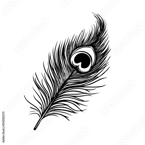Black and white minimalist peacock feather symbol – perfect for tattoos, logos, and vector designs. Isolated on a white background.