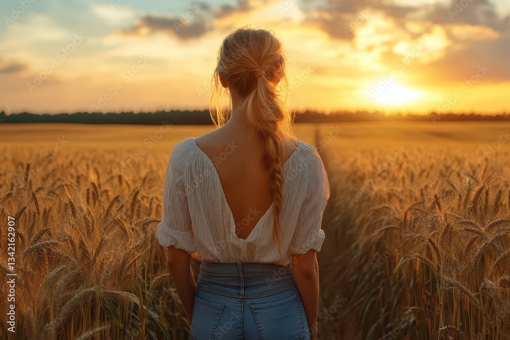 Woman enjoying sunset in golden wheat field Woman enjoying sunset in golden wheat field