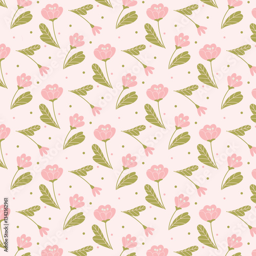A delicate floral seamless pattern with pink flowers and green leaves on a light background. Perfect for textiles, packaging, greeting cards, wallpapers, and web design.