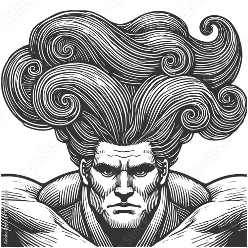 gentleman with an incredibly large, curly hairstyle, blending humor, surrealism, and vintage artistic style sketch engraving generative ai vector illustration. Scratch board. Black and white image.