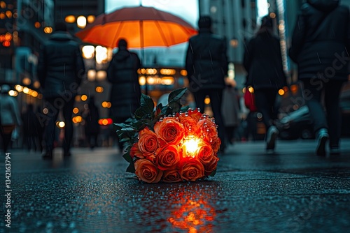Rainy city street, orange roses bouquet on wet pavement, glowing light, blurred pedestrians
