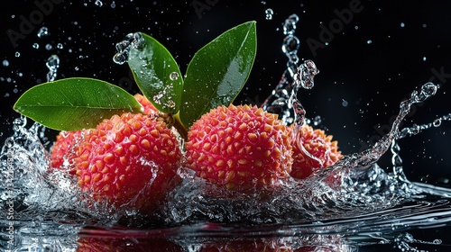 Lychee fruits with water droplets captured in a dynamic splash moment, with their distinctive textured skin and rich green leaves