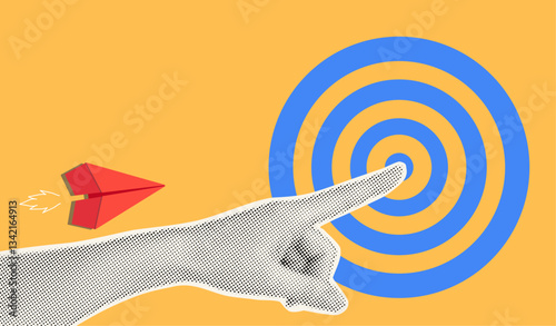 Goal concept. Human hand in dotted pop art style pointing on the target for red paper plane. Vector illustration