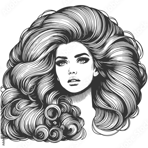 woman with an enormous, intricately curled hairstyle, blending surrealism, elegance, and vintage artistic style sketch engraving generative ai vector illustration. Scratch board. Black and white image
