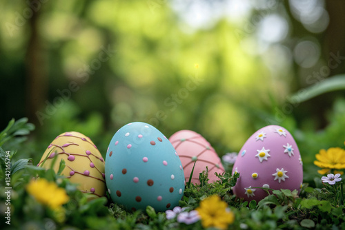 Vibrant Easter Eggs in Lush Garden Setting