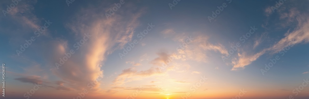 Fototapeta premium Dark blue, pink sky panorama sunset with cirrus clouds. Seamless hdr equirectangular 360 format. Complete zenith for game 3D visualization, sky replacement aerial drone panoramas.