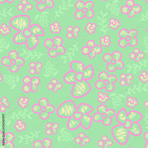 Wallpaper Mural Floral seamless pattern, trendy simple nature doodle vector green background with hand drawn flowers for wallpaper, textile, packaging, print and decoration.  Torontodigital.ca