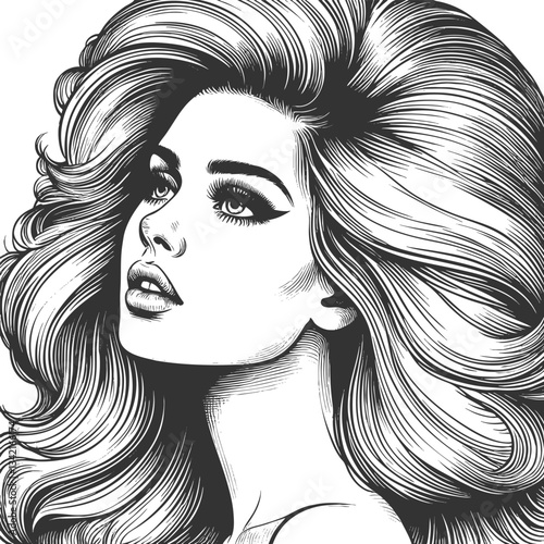 woman with an enormous, intricately curled hairstyle, blending surrealism, elegance, and vintage artistic style sketch engraving generative ai vector illustration. Scratch board. Black and white image