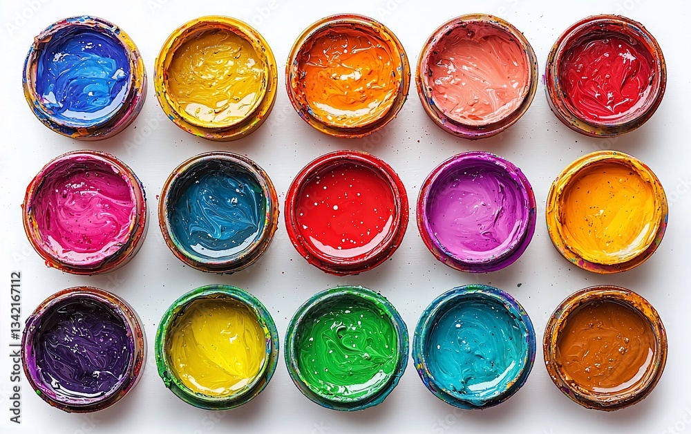 Colorful paint containers arranged on white surface (1) Colorful paint containers arranged on white surface (1)