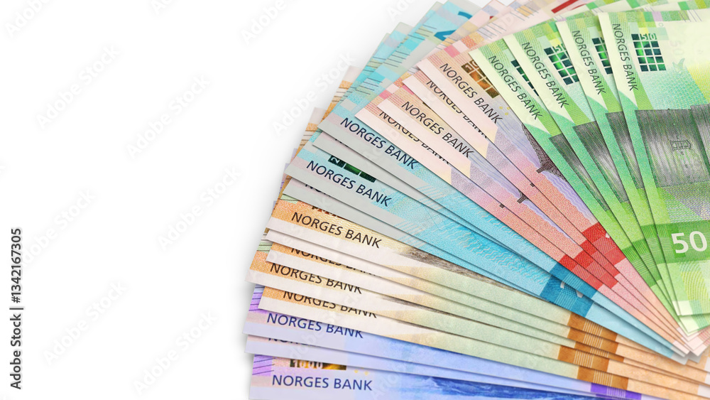 Fan arrangement of Norwegian Krone currency banknotes in various denominations Fan arrangement of Norwegian Krone currency banknotes in various denominations