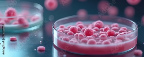 Close-up of bacterial culture in petri dish exhibiting antibiotic resistance. Modern medicine challenge. Pink round colonies of microorganisms represent research in science laboratory. Drug
