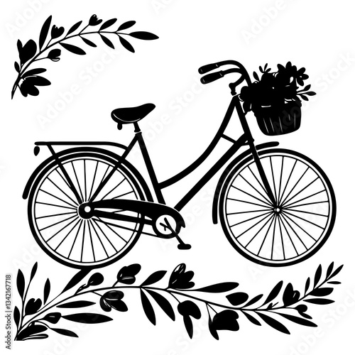  Elegant Black Bicycle with Floral Ribbon and Watercolor Euclidean Flower Border Illustration with png 