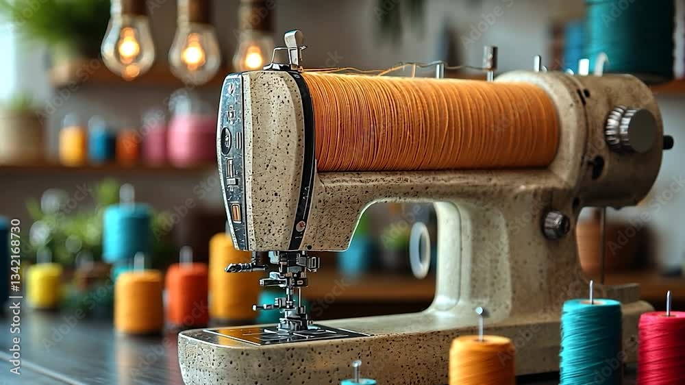 Vintage sewing machine with colorful threads in a cozy craft studio