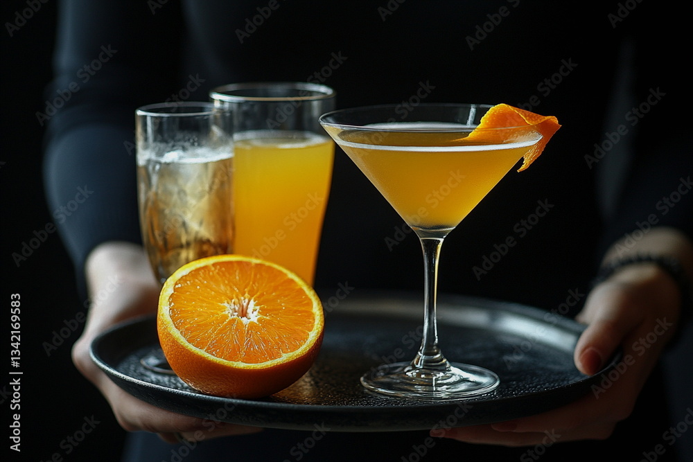 Fototapeta premium Elegant cocktails in martini glasses with garnish. Perfect for bar menus, nightlife visuals, and event promotions.