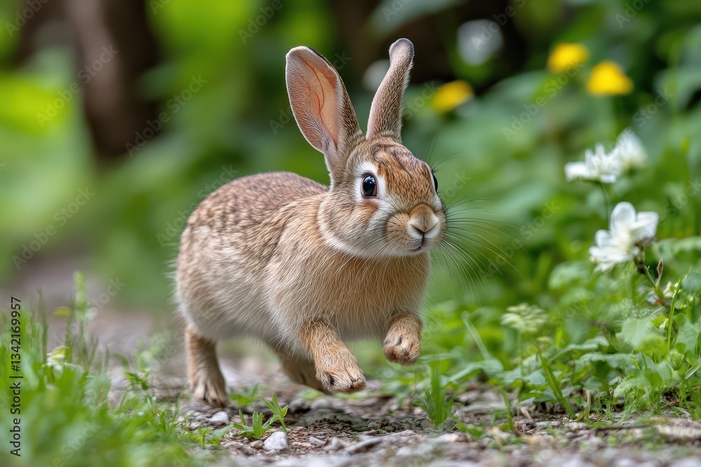 Rabbit running through a lush garden path Rabbit running through a lush garden path