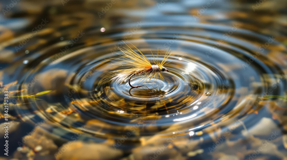 Riverside fly fishing lure creating concentric ripples on crystal water surface with underwater stones and aquatic plants visible, morning sunlight penetrating to create caustic patterns