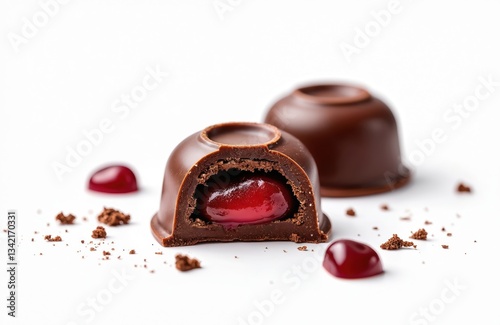 Chocolate candy with cherry filling isolated on white background. Sweet dessert with cocoa glaze, ganache. Perfect for valentine day gift, birthday present. Gourmet snack with yummy look.