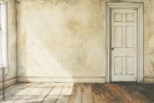 Sunlit empty room with aged walls  wooden floor  and white door.