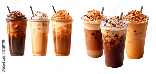 Set of iced coffee drinks with whipped cream and chocolate topping isolated on a transparent background. Various cold coffee beverages in plastic cups with straws
