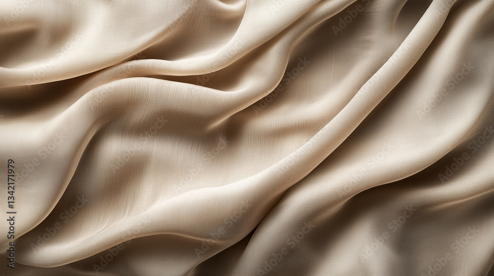 Fototapeta premium Soft wrinkeled beige linen fabric sample background, AI generated