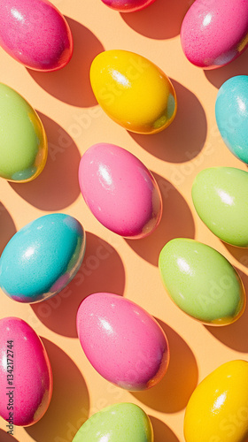 A bold and vibrant Easter-themed composition featuring colored eggs in orange background